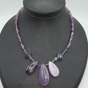 Natural Amethyst Bead Necklace Purple Quartz Teardrop Dangle Statement 16"
